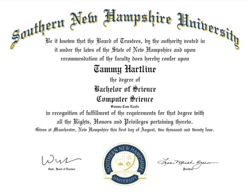 Bachelor of Computer Science Major, Data Analytics Minor, Summa Cum Laude